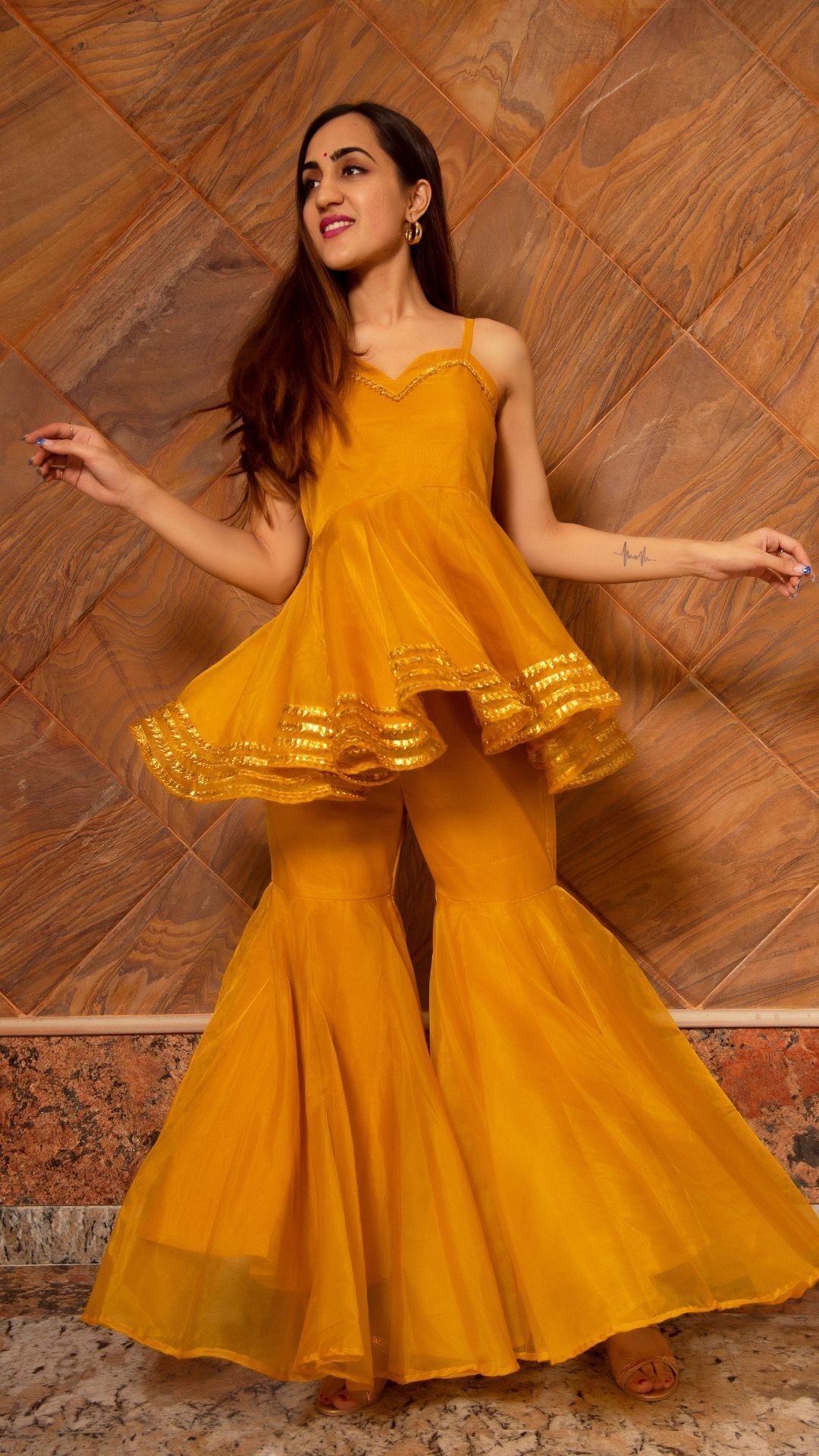 Pomcha Jaipur Murat Mustard Organza Sharara Set | Swadesiicart