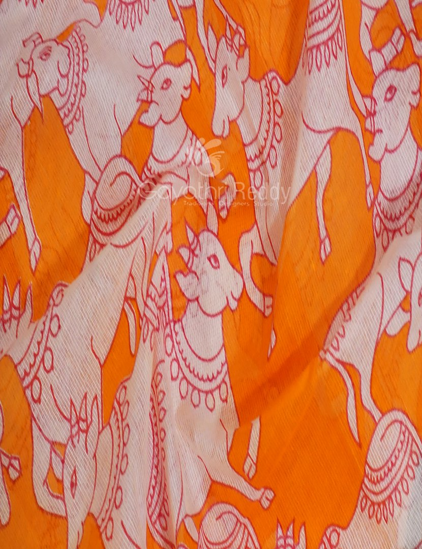 Shades of Orange And Pink With Pichwai Print Munga Cotton Saree By Gayathri Reddy Designer Studio | Swadesiicart