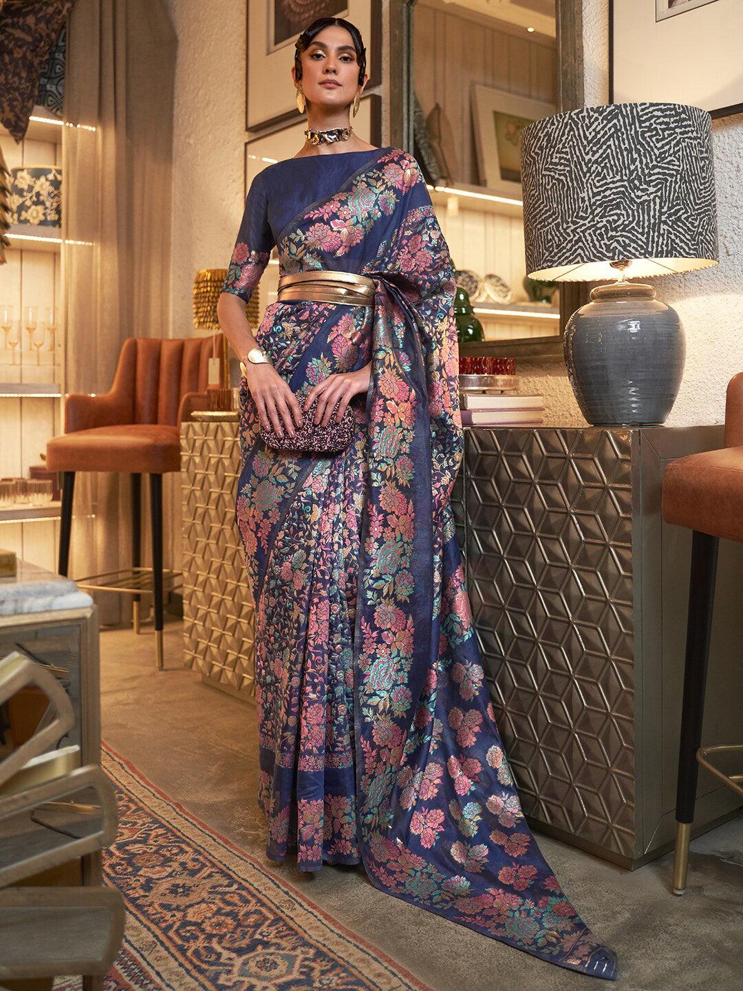 Mitera Navy Blue & Pink Floral Zari Silk Blend Banarasi Saree | Swadesiicart