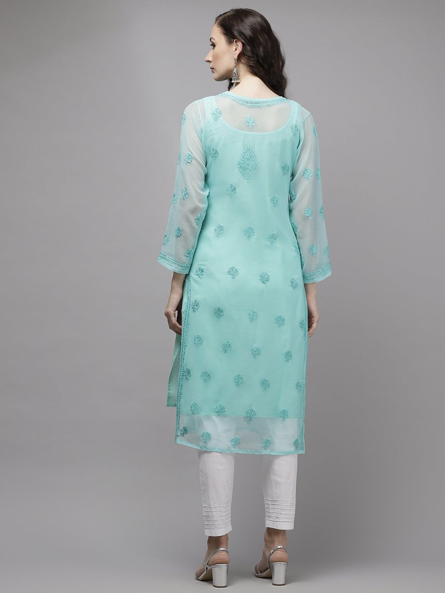 ADA Women Sea Green Embroidered Regular Chikankari Handloom Kurta with Trousers | Swadesiicart