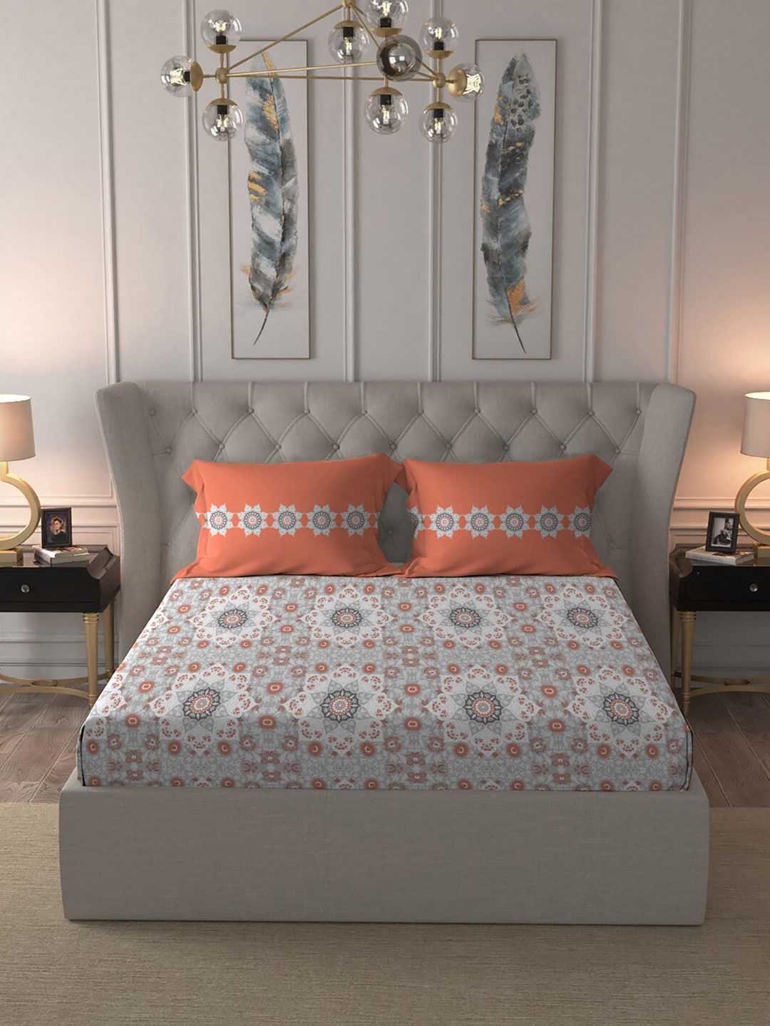 MYTRIDENT Grey White Floral Pure Cotton 144 TC Queen Bedsheet With 2 Pillow Covers - Swadesiicart