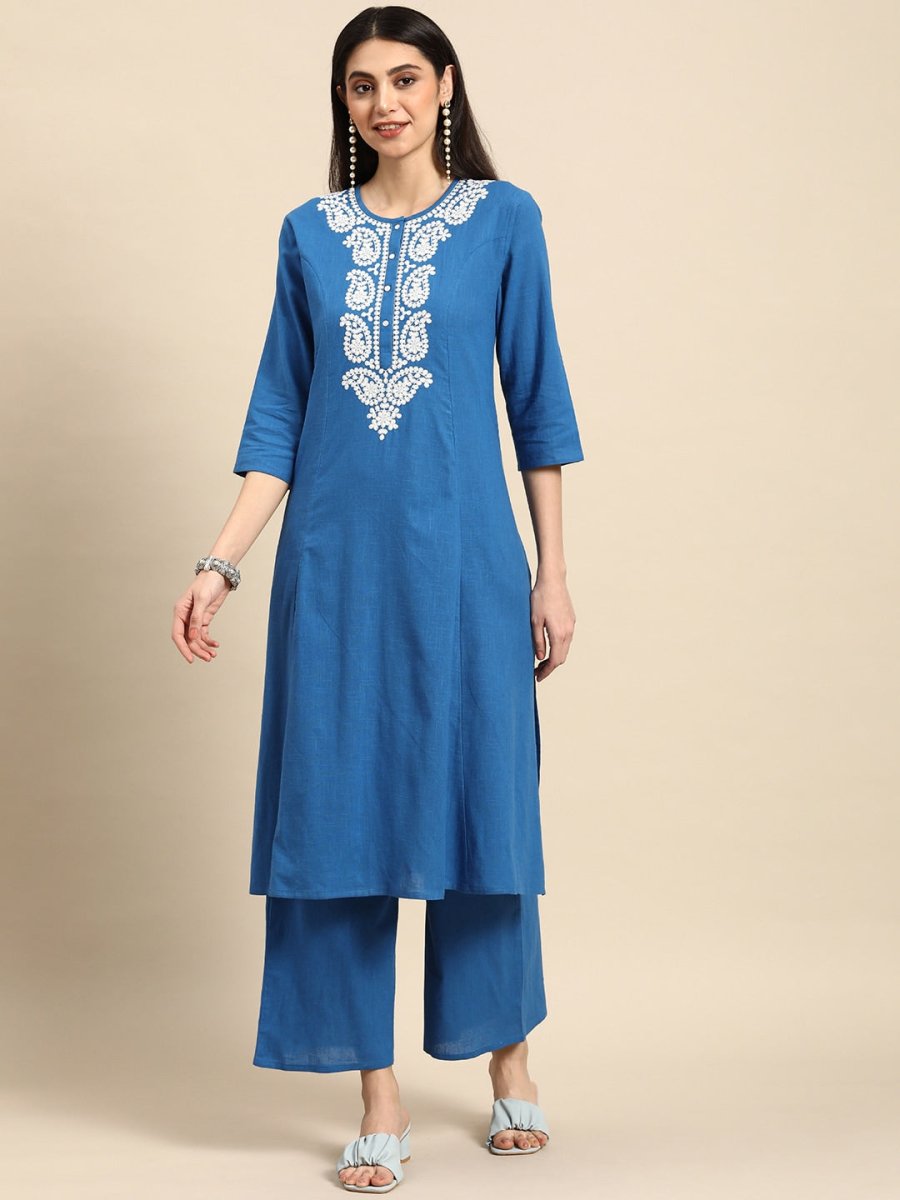 Anouk Women Chikankari Pure Cotton A-Line Kurta with Palazzos | Swadesiicart