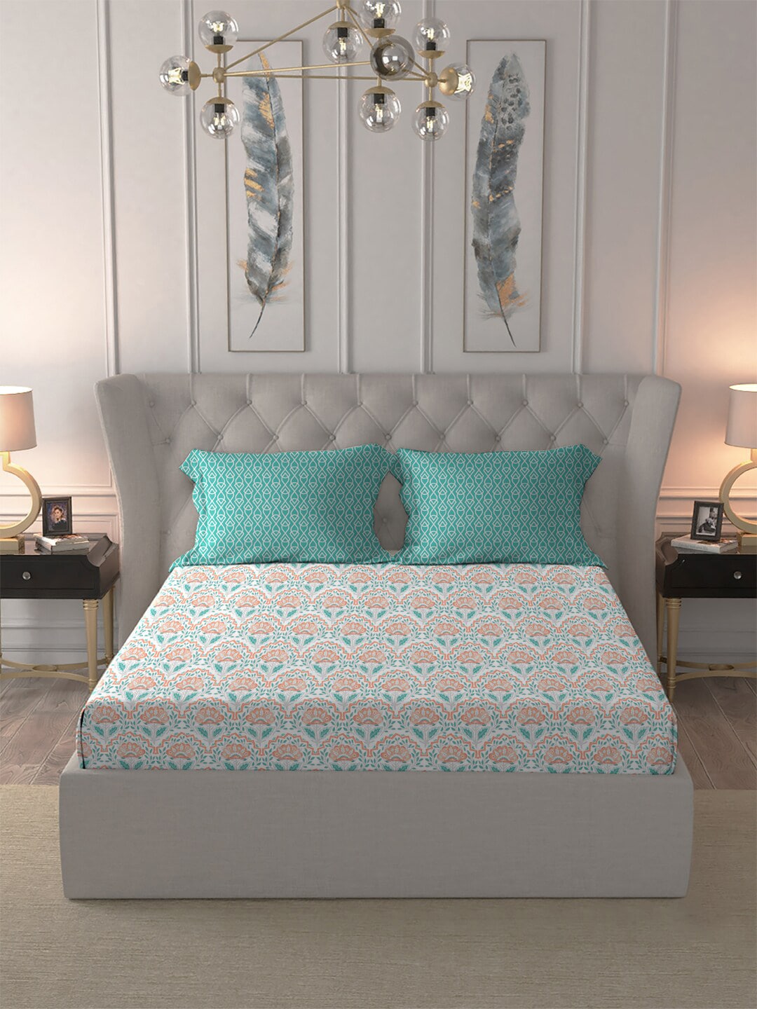 MYTRIDENT Orange Blue Ethnic Motifs Pure Cotton 120 TC Queen Bedsheet With 2 Pillow Covers - Swadesiicart