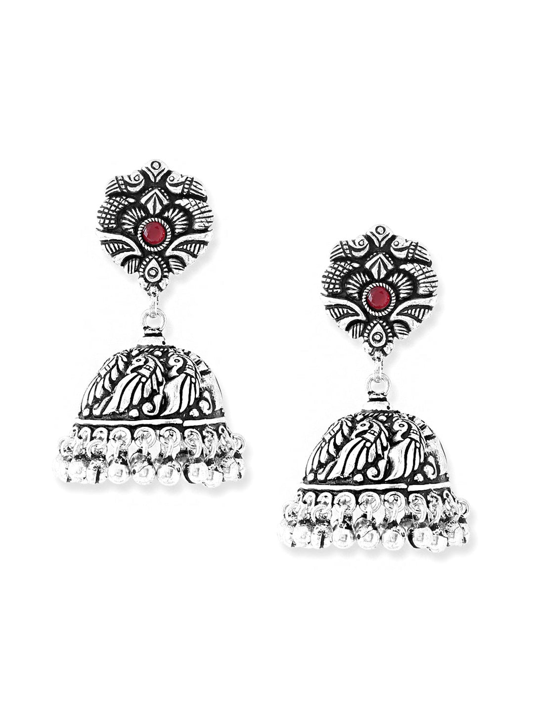 Yellow Chimes Silver-Plated Kolhapuri Peacock Design Jhumkas Earrings | Swadesiicart