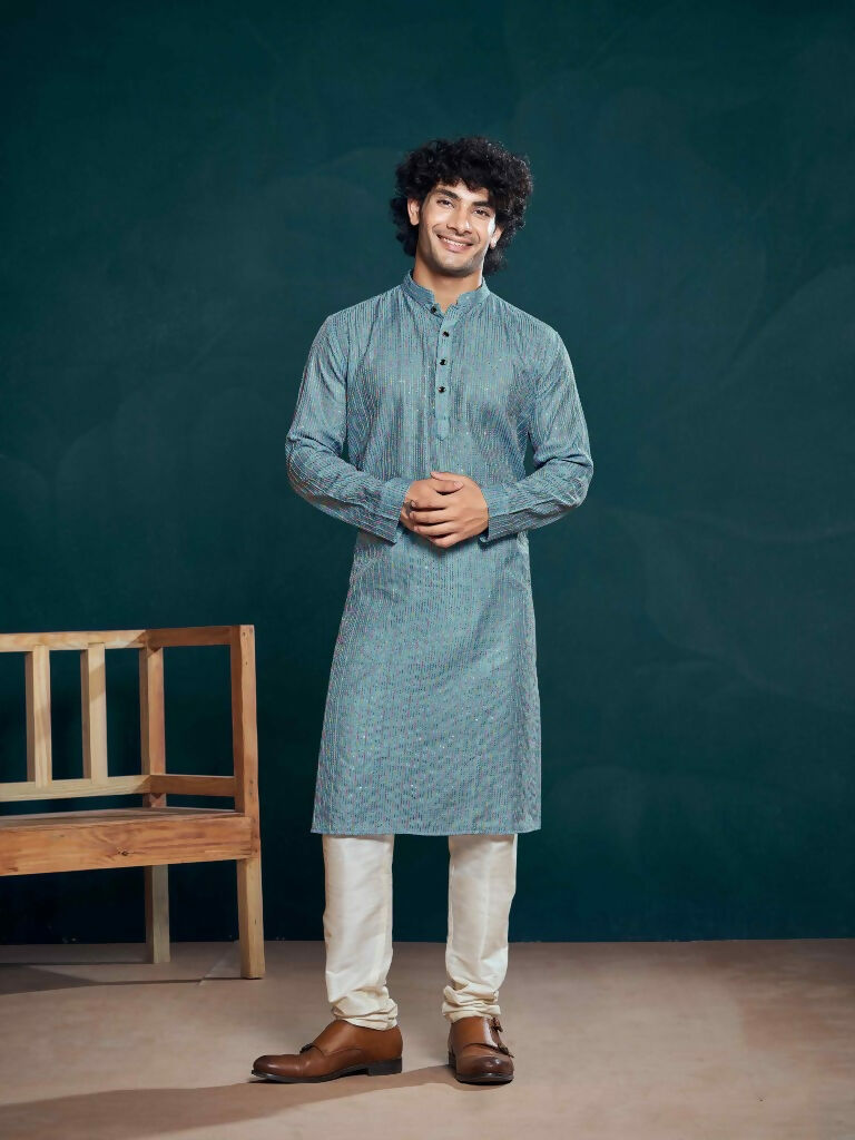 Blue Viscose Designer Sequance Embroidery Work Men's Kurta Set - Mahotsav
