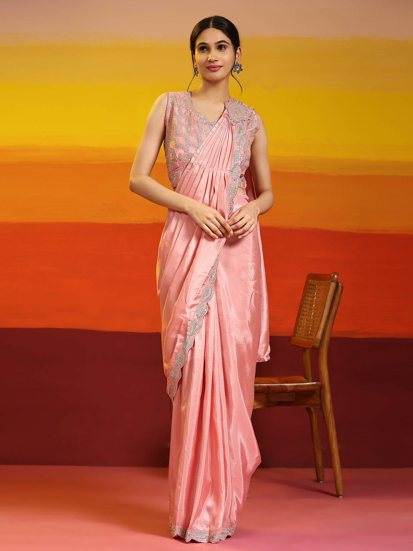 Peach Silk Satin Plain Ready to wear Saree with stitched Blouse - Vrinda | Swadesiicart