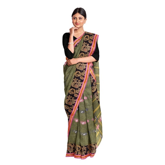 Exclusive Collection 100% Pure Cotton Pesta Tant Saree With Hand Weaving Work - Swadesiicart