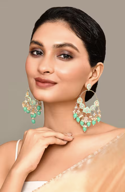New Stylish Ethnic Partywear Light Green Hoops Kundan Earrings for Womens by House of Ree | Swadesiicart