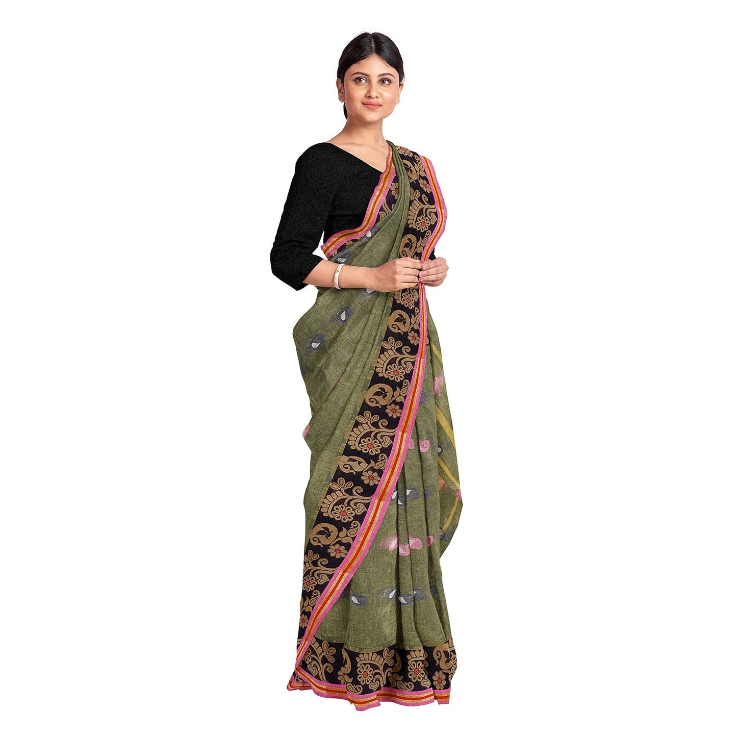 Exclusive Collection 100% Pure Cotton Pesta Tant Saree With Hand Weaving Work - Swadesiicart