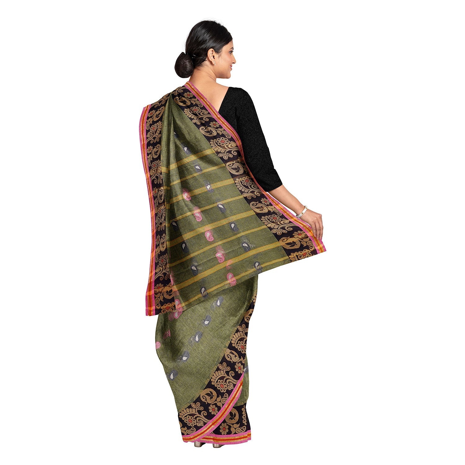 Exclusive Collection 100% Pure Cotton Pesta Tant Saree With Hand Weaving Work - Swadesiicart