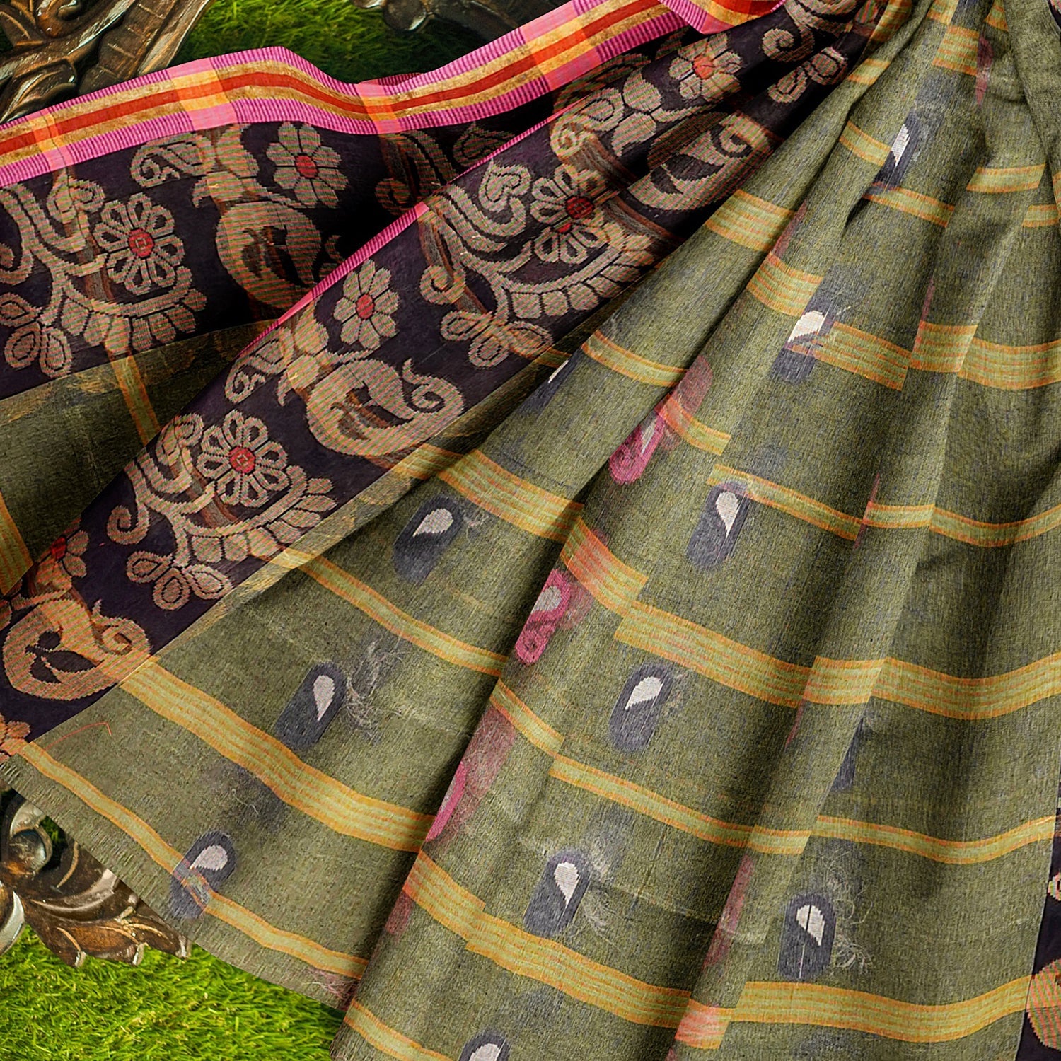 Exclusive Collection 100% Pure Cotton Pesta Tant Saree With Hand Weaving Work - Swadesiicart