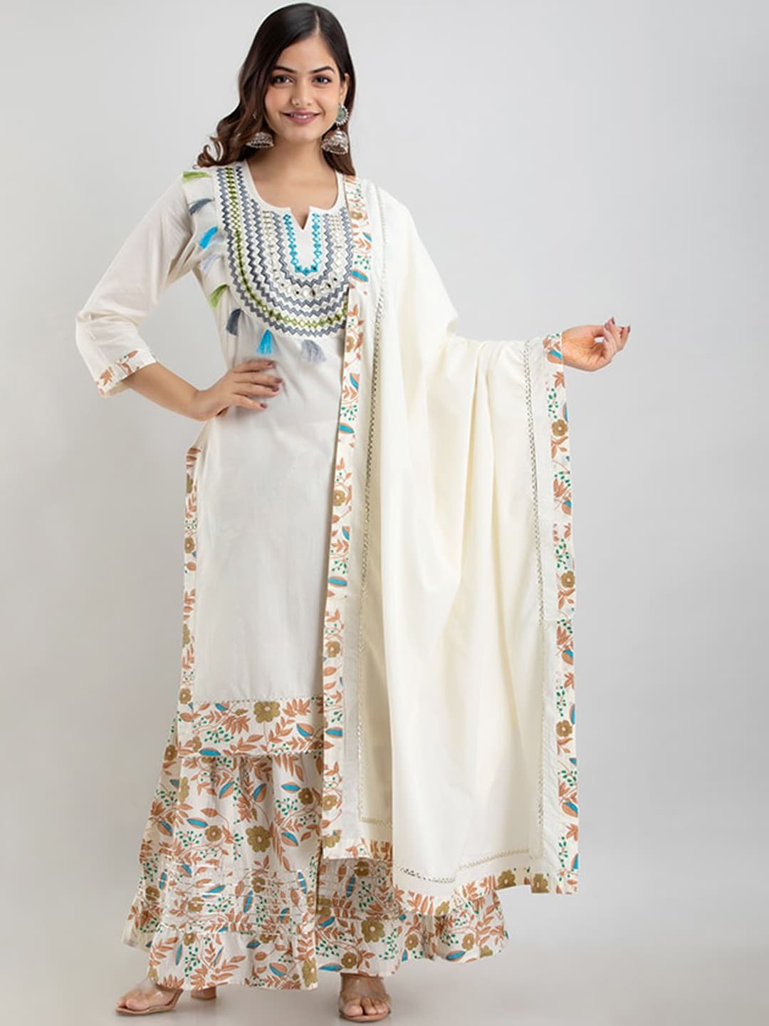 Kalini Off White Floral Yoke Desig Mirror Work Pure Cotton Kurta & Sharara With Dupatta | Swadesiicart