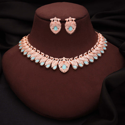 Tehzeeb Creations Rose Gold Sky Blue Colour Necklace With Pair Of Earrings - Swadesiicart