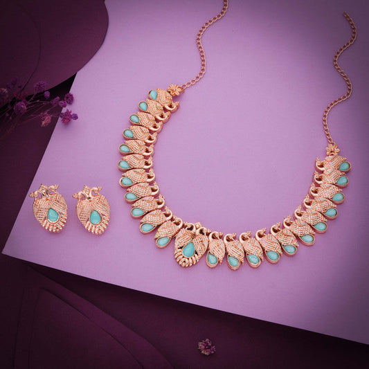 Tehzeeb Creations Rose Gold Sky Blue Colour Necklace With Pair Of Earrings - Swadesiicart