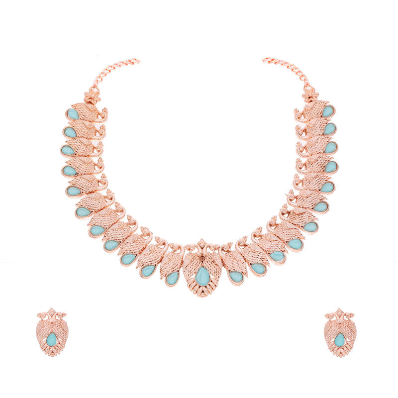 Tehzeeb Creations Rose Gold Sky Blue Colour Necklace With Pair Of Earrings - Swadesiicart