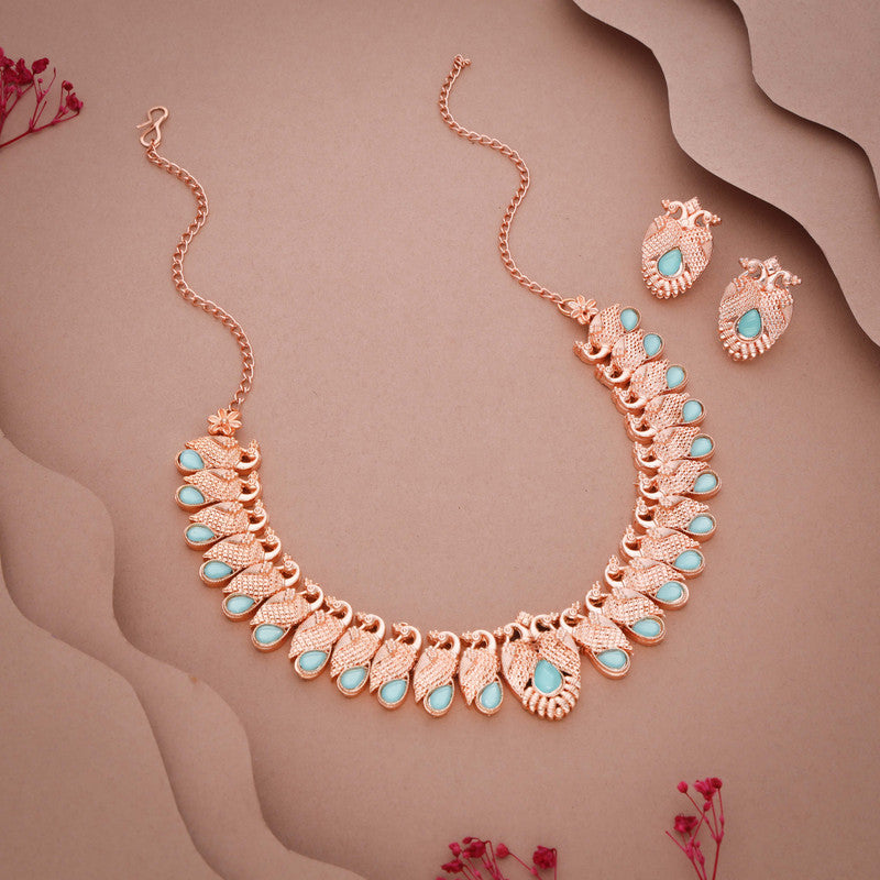 Tehzeeb Creations Rose Gold Sky Blue Colour Necklace With Pair Of Earrings - Swadesiicart