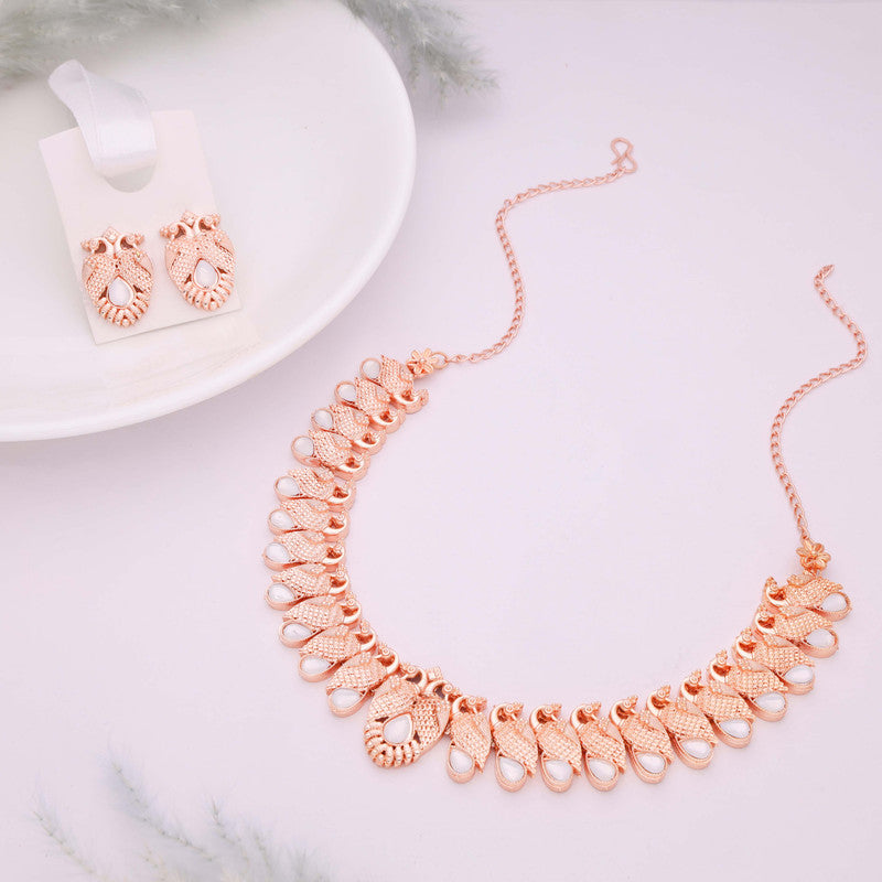 Tehzeeb Creations Rose Gold White Colour Necklace With Pair Of Earrings - Swadesiicart