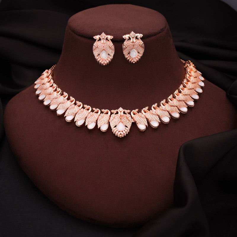 Tehzeeb Creations Rose Gold White Colour Necklace With Pair Of Earrings - Swadesiicart