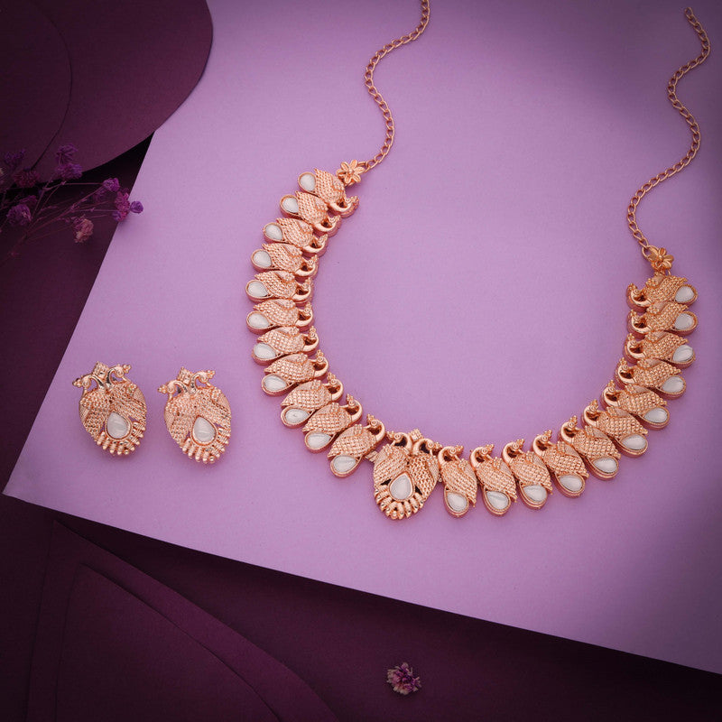 Tehzeeb Creations Rose Gold White Colour Necklace With Pair Of Earrings - Swadesiicart