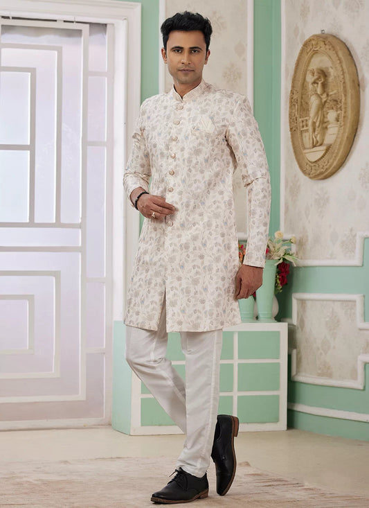 Raivat Ethnic Banarasi Jacquard Embroidery Indo Western Sherwani In Cream Colour | Swadesiicart