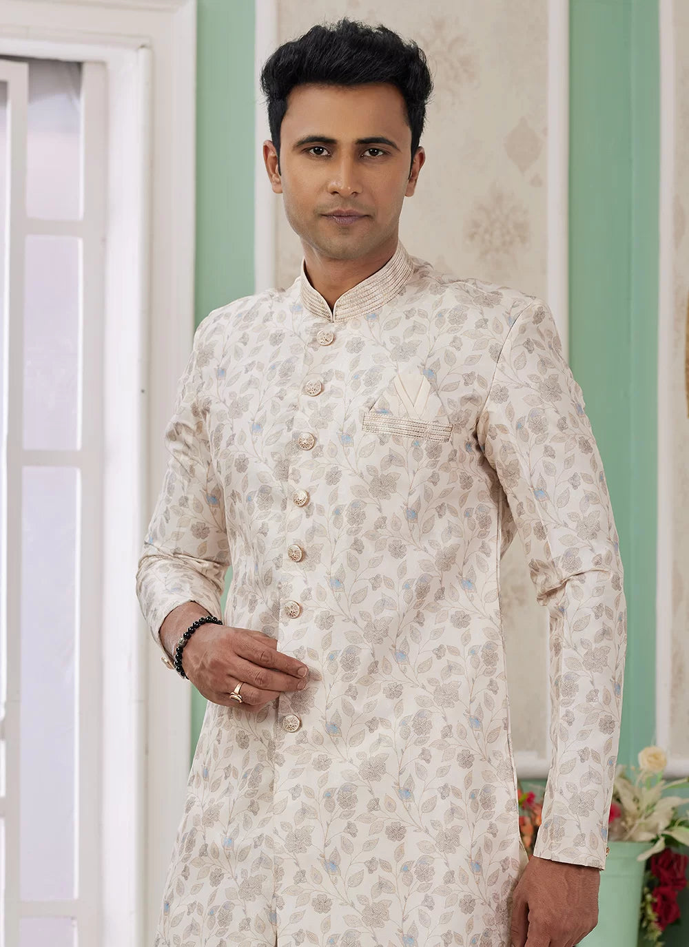 Raivat Ethnic Banarasi Jacquard Embroidery Indo Western Sherwani In Cream Colour | Swadesiicart