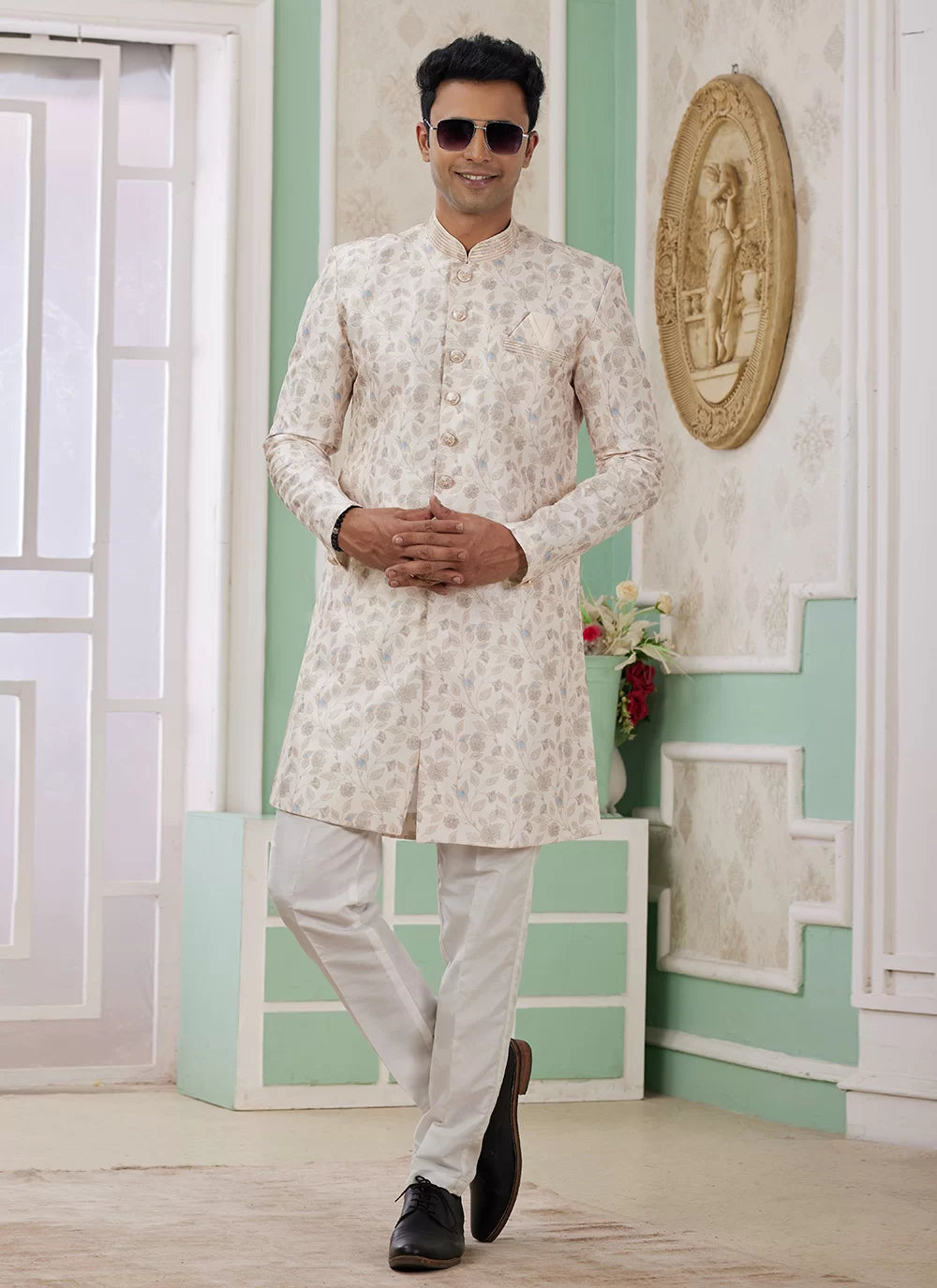 Raivat Ethnic Banarasi Jacquard Embroidery Indo Western Sherwani In Cream Colour | Swadesiicart