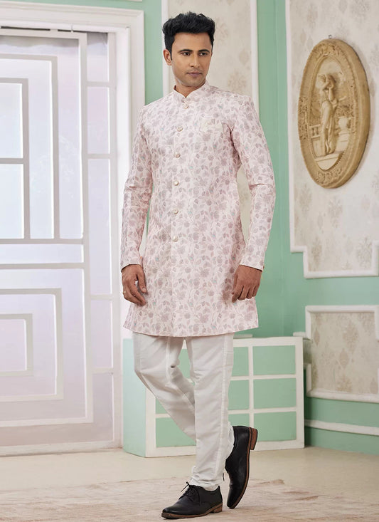 Raivat Ethnic Banarasi Jacquard Embroidery Indo Western Sherwani In Pink Colour | Swadesiicart