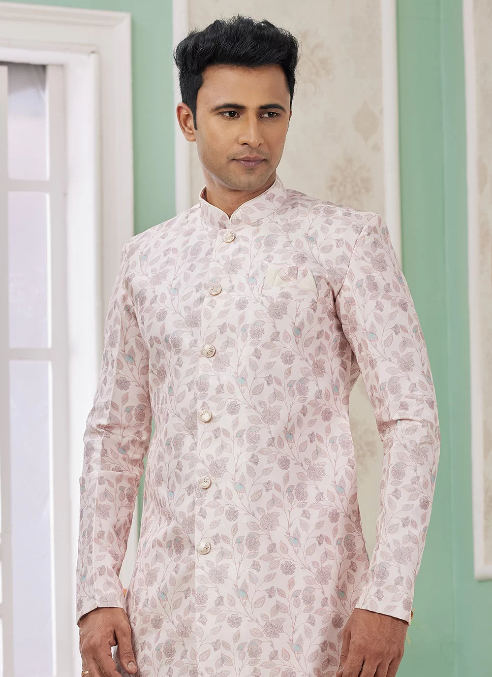 Raivat Ethnic Banarasi Jacquard Embroidery Indo Western Sherwani In Pink Colour | Swadesiicart