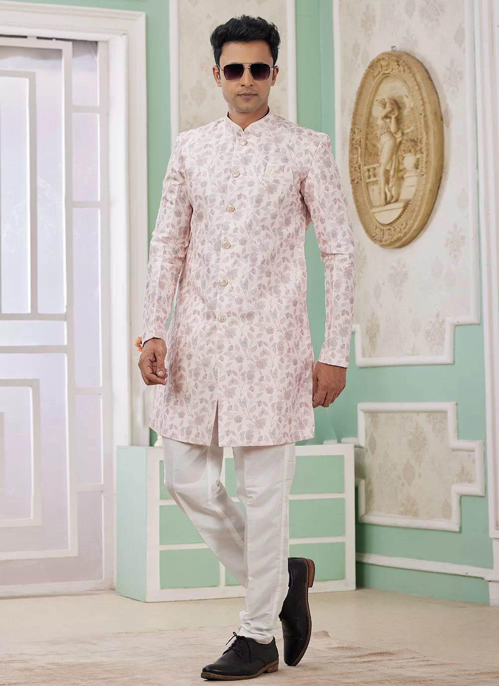 Raivat Ethnic Banarasi Jacquard Embroidery Indo Western Sherwani In Pink Colour | Swadesiicart