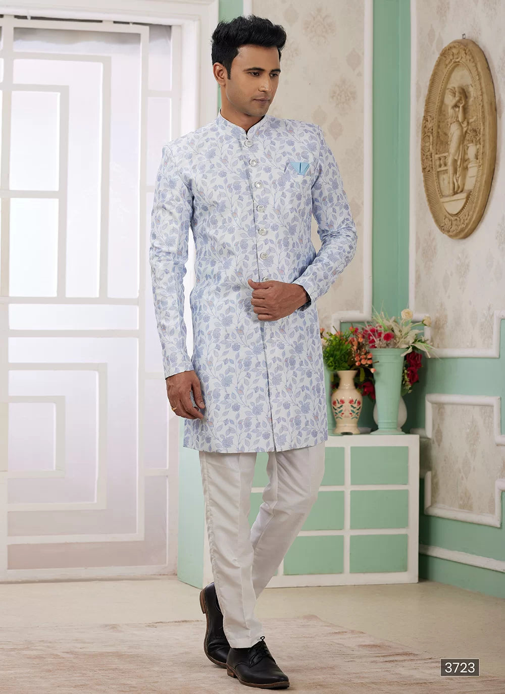 Raivat Ethnic Banarasi Jacquard Embroidery Indo Western Sherwani In Blue Colour | Swadesiicart