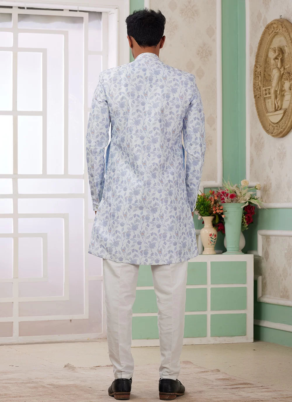 Raivat Ethnic Banarasi Jacquard Embroidery Indo Western Sherwani In Blue Colour | Swadesiicart