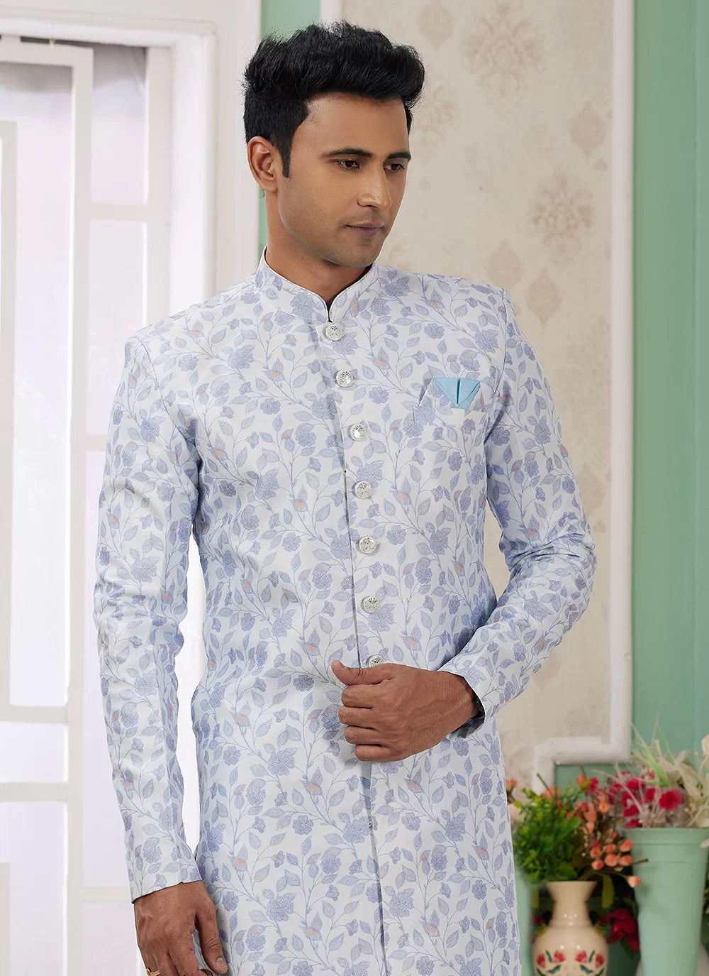 Raivat Ethnic Banarasi Jacquard Embroidery Indo Western Sherwani In Blue Colour | Swadesiicart