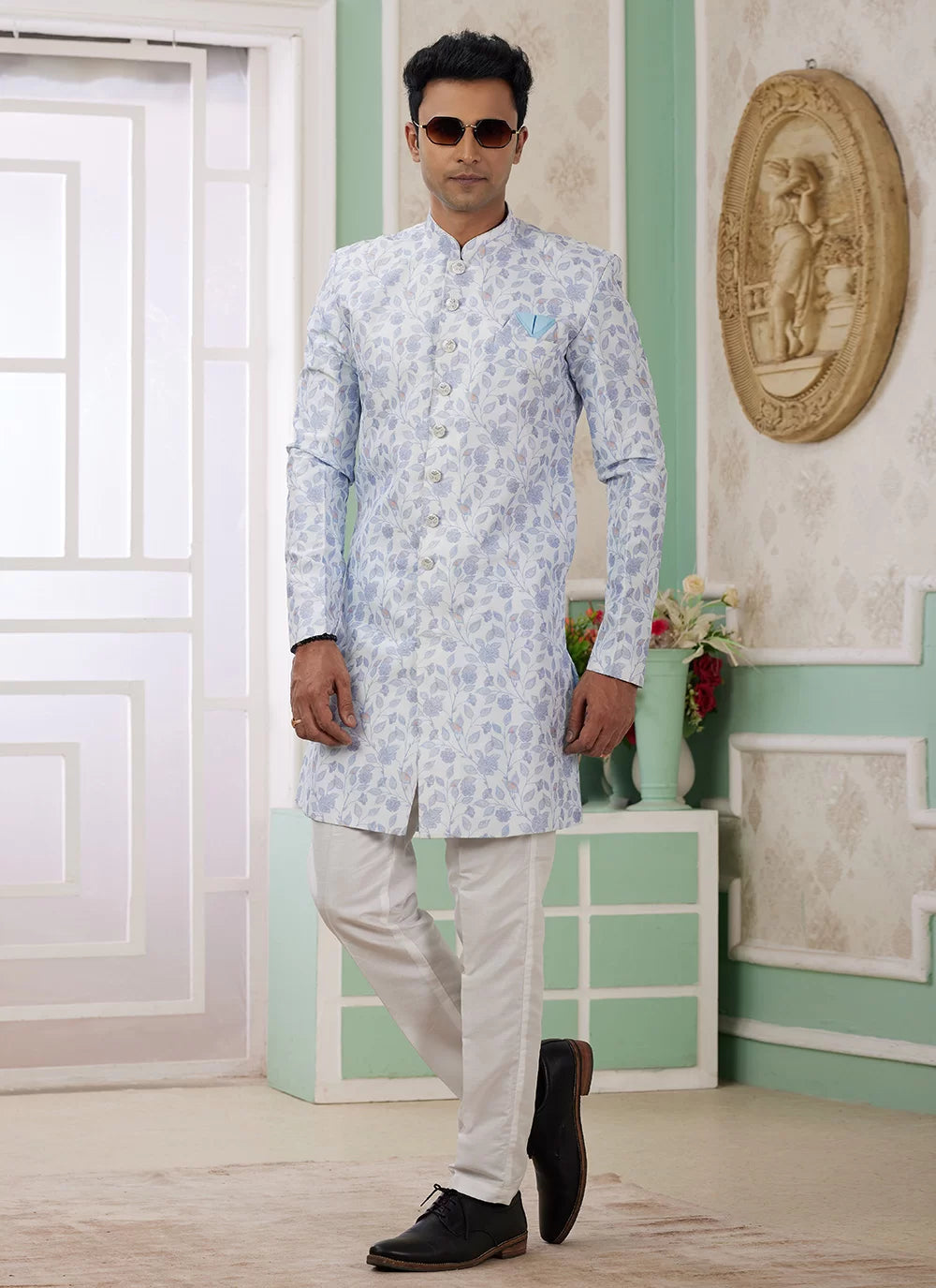 Raivat Ethnic Banarasi Jacquard Embroidery Indo Western Sherwani In Blue Colour | Swadesiicart