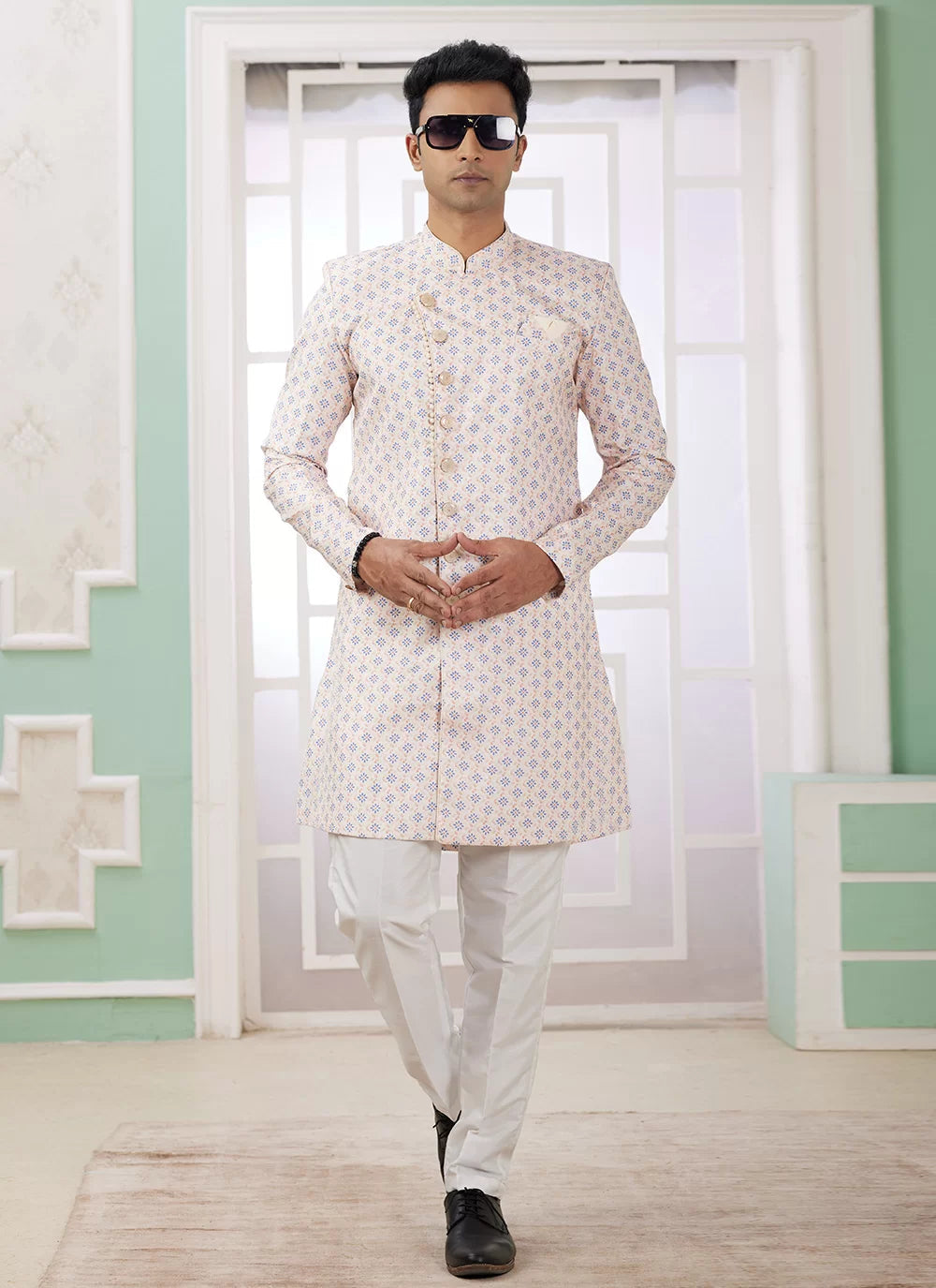 Raivat Ethnic Banarasi Jacquard Embroidery Indo Western Sherwani In Cream Blue Colour | Swadesiicart