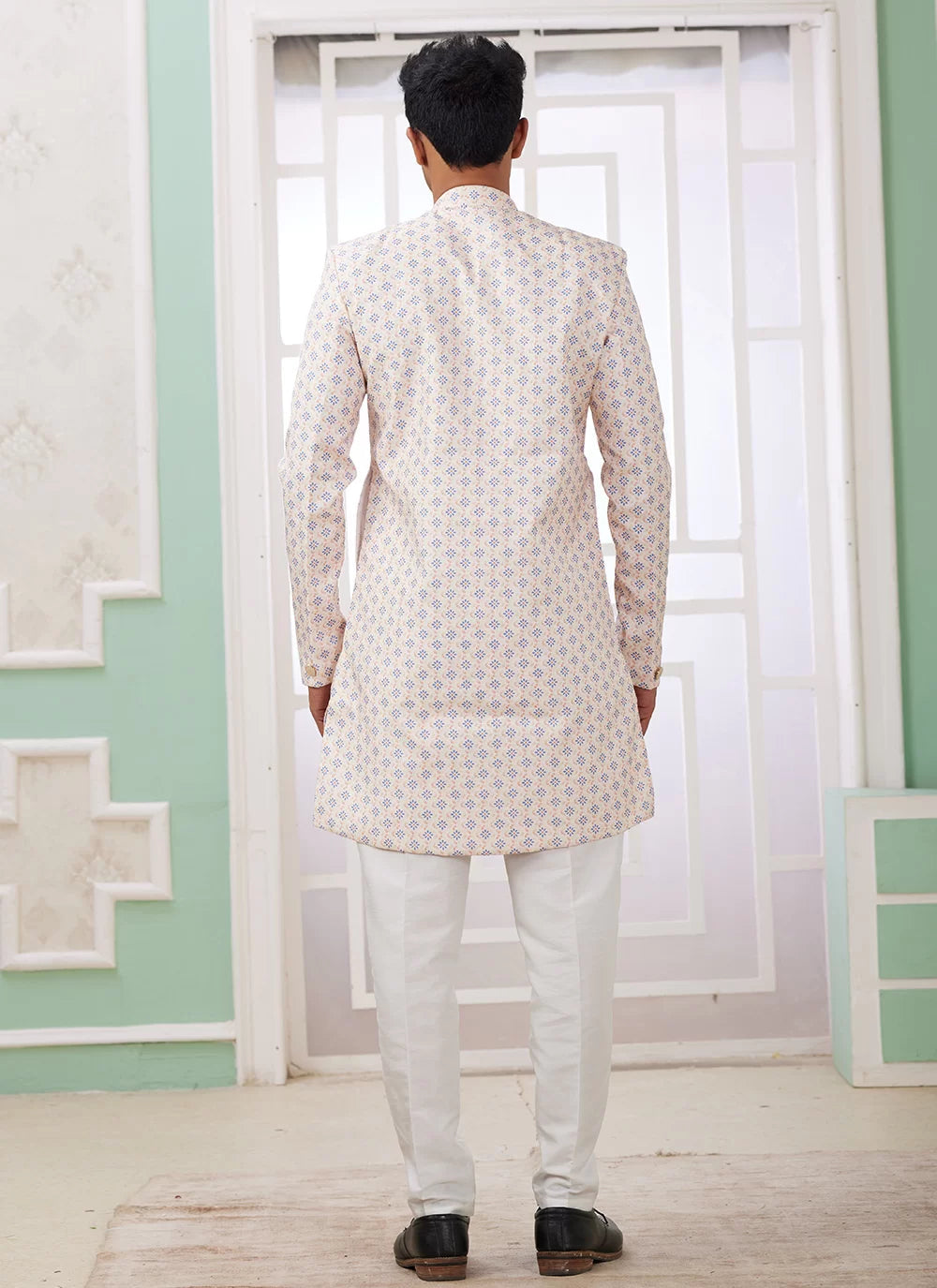 Raivat Ethnic Banarasi Jacquard Embroidery Indo Western Sherwani In Cream Blue Colour | Swadesiicart