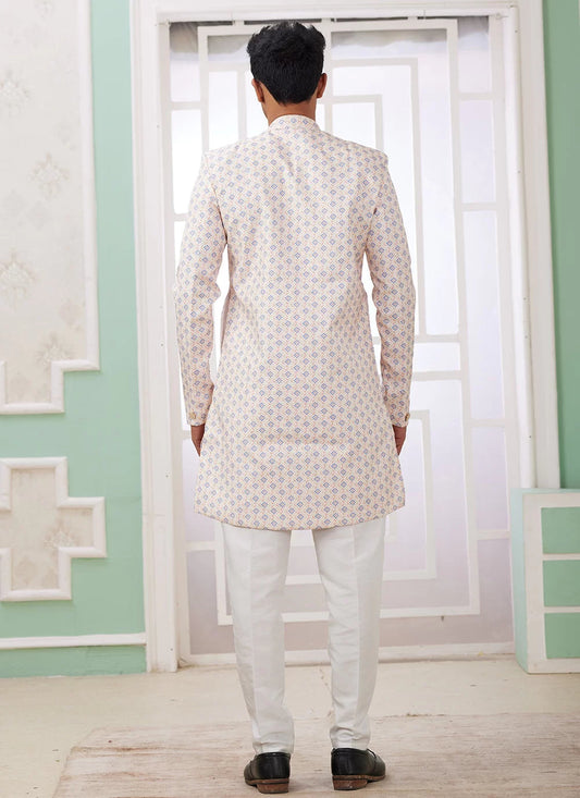 Raivat Ethnic Banarasi Jacquard Embroidery Indo Western Sherwani In Cream Blue Colour | Swadesiicart