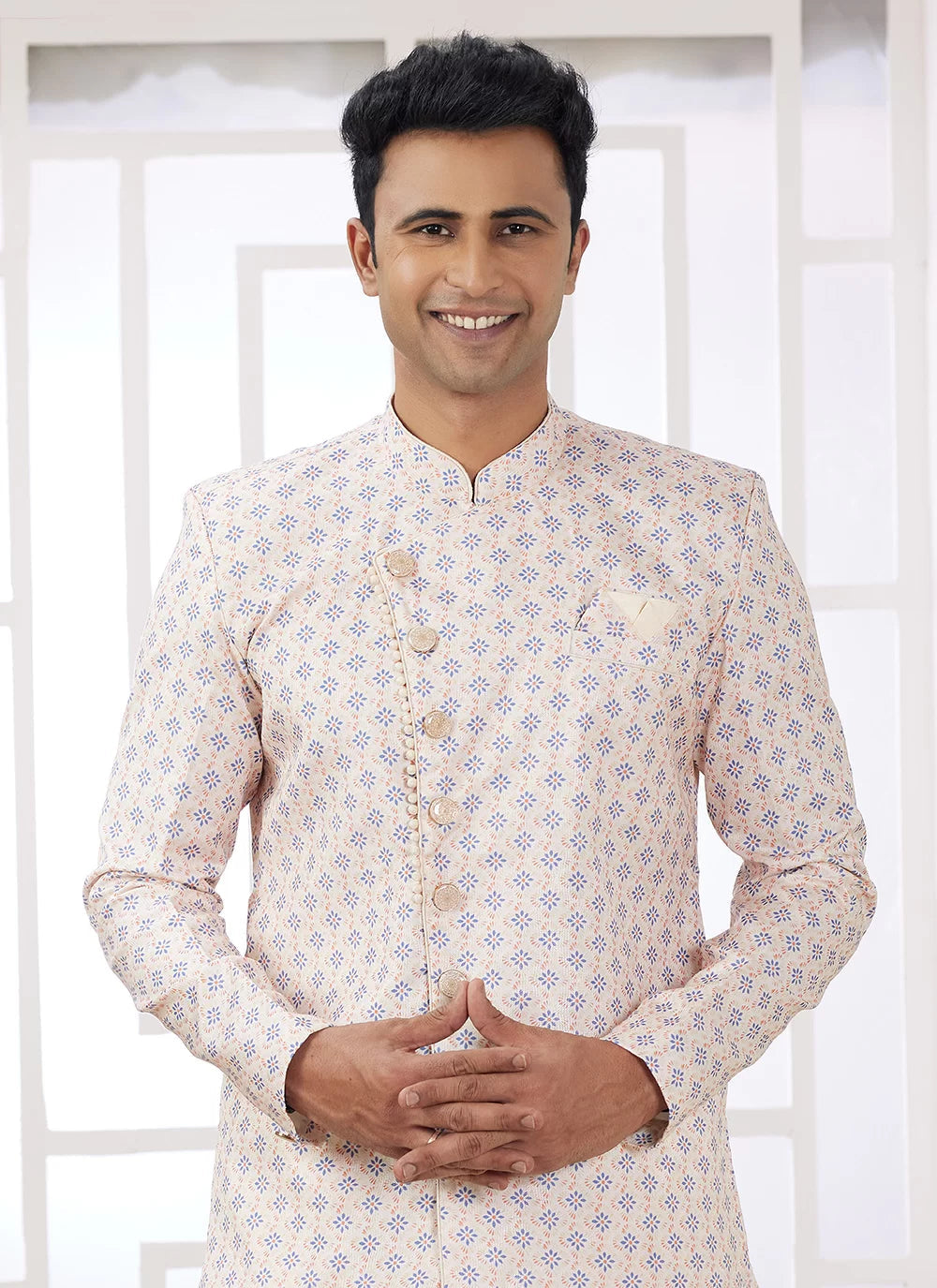 Raivat Ethnic Banarasi Jacquard Embroidery Indo Western Sherwani In Cream Blue Colour | Swadesiicart