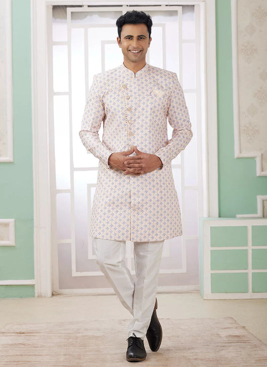 Raivat Ethnic Banarasi Jacquard Embroidery Indo Western Sherwani In Cream Blue Colour | Swadesiicart