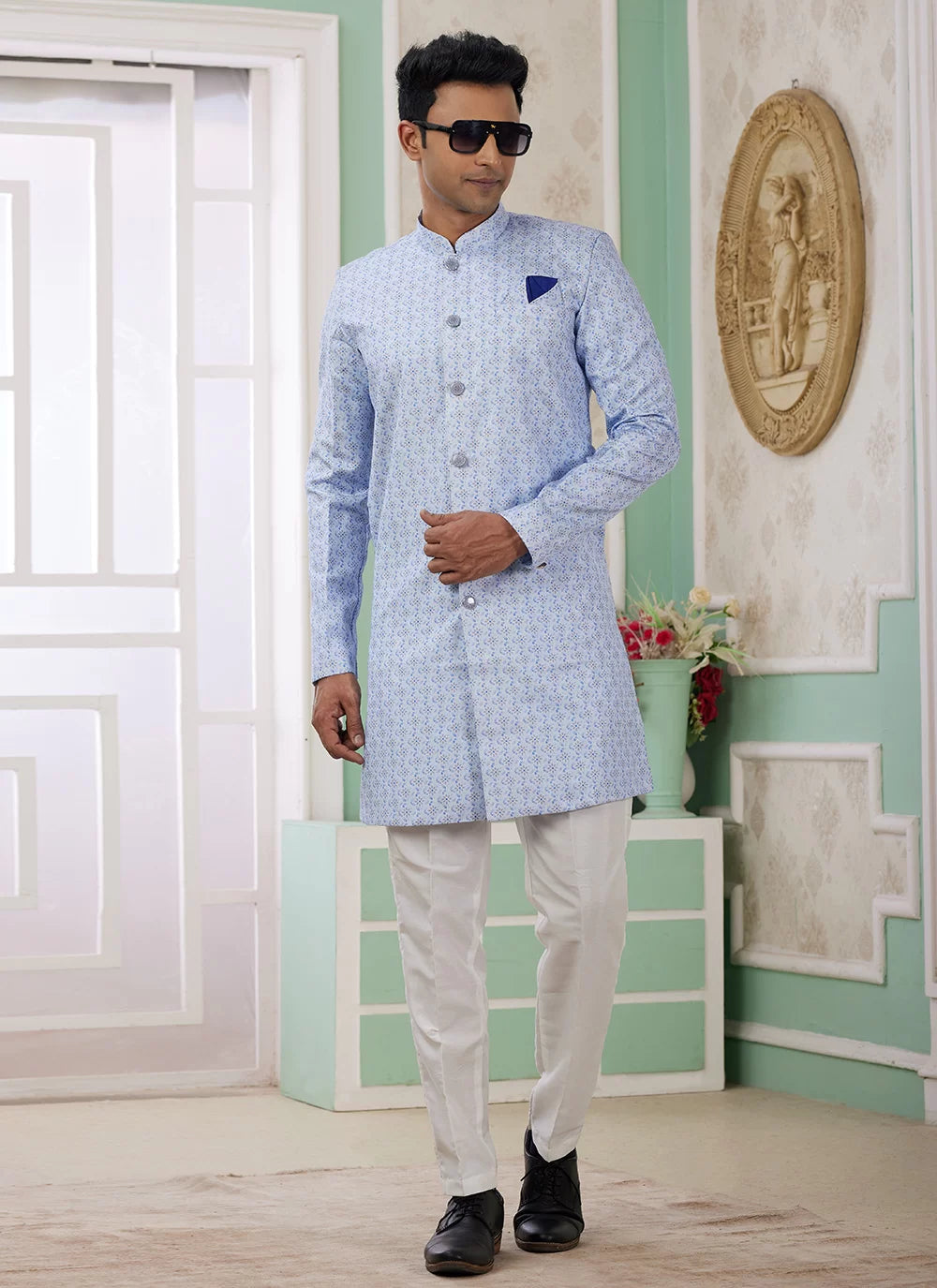 Raivat Ethnic Banarasi Jacquard Embroidery Indo Western Sherwani In Blue Colour | Swadesiicart