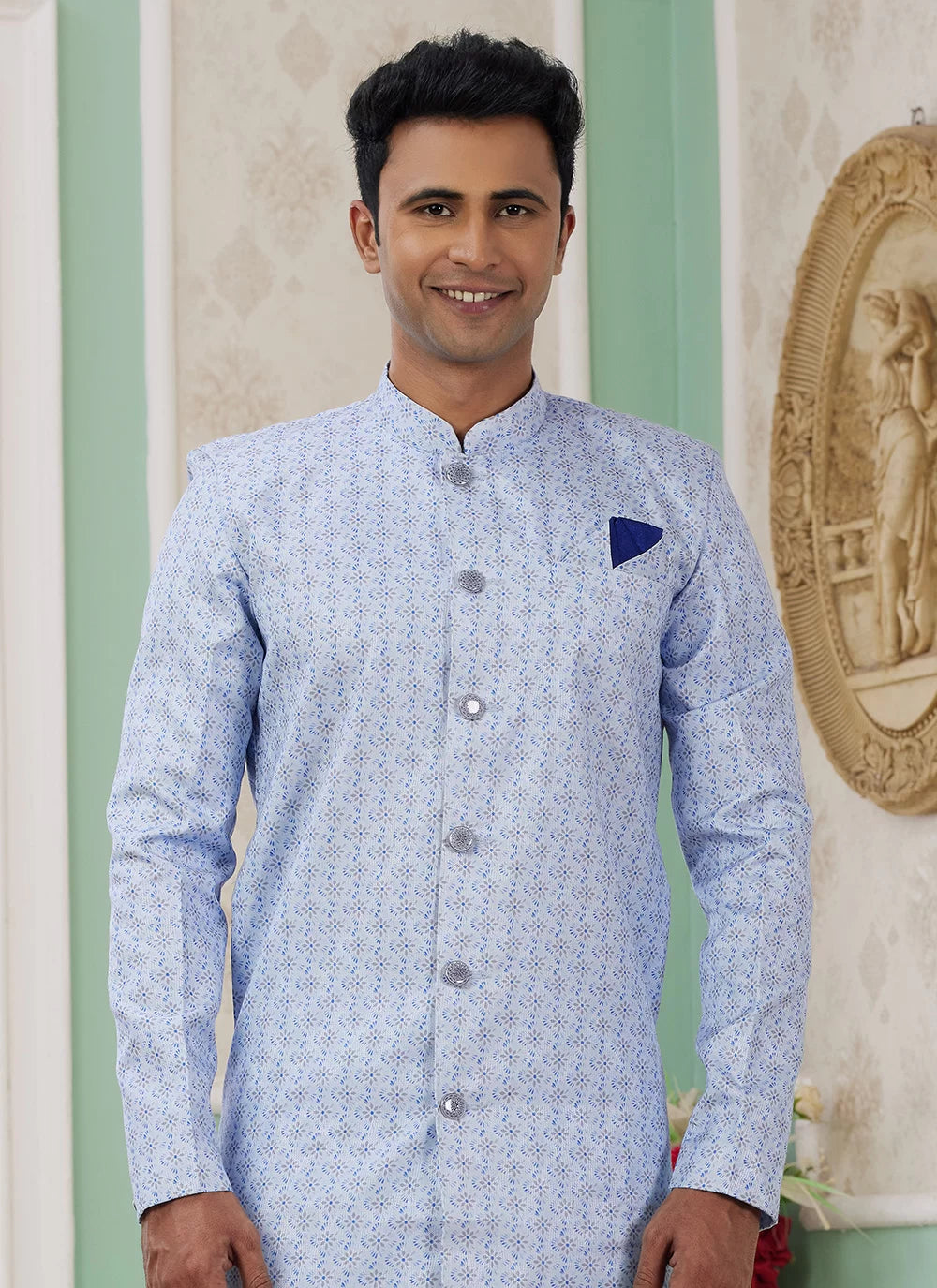Raivat Ethnic Banarasi Jacquard Embroidery Indo Western Sherwani In Blue Colour | Swadesiicart