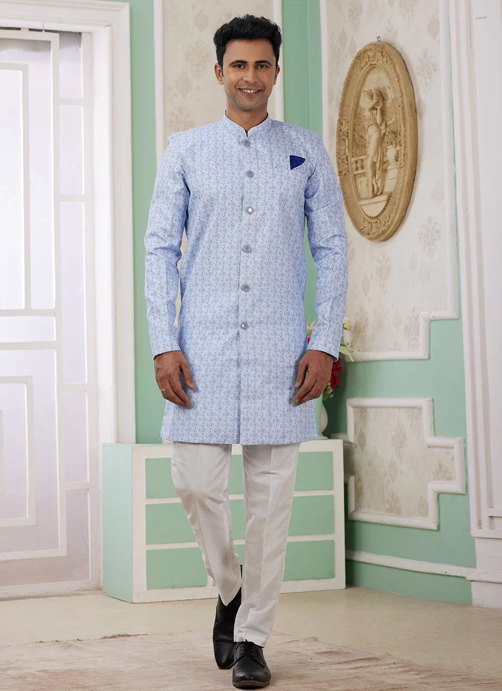 Raivat Ethnic Banarasi Jacquard Embroidery Indo Western Sherwani In Blue Colour | Swadesiicart