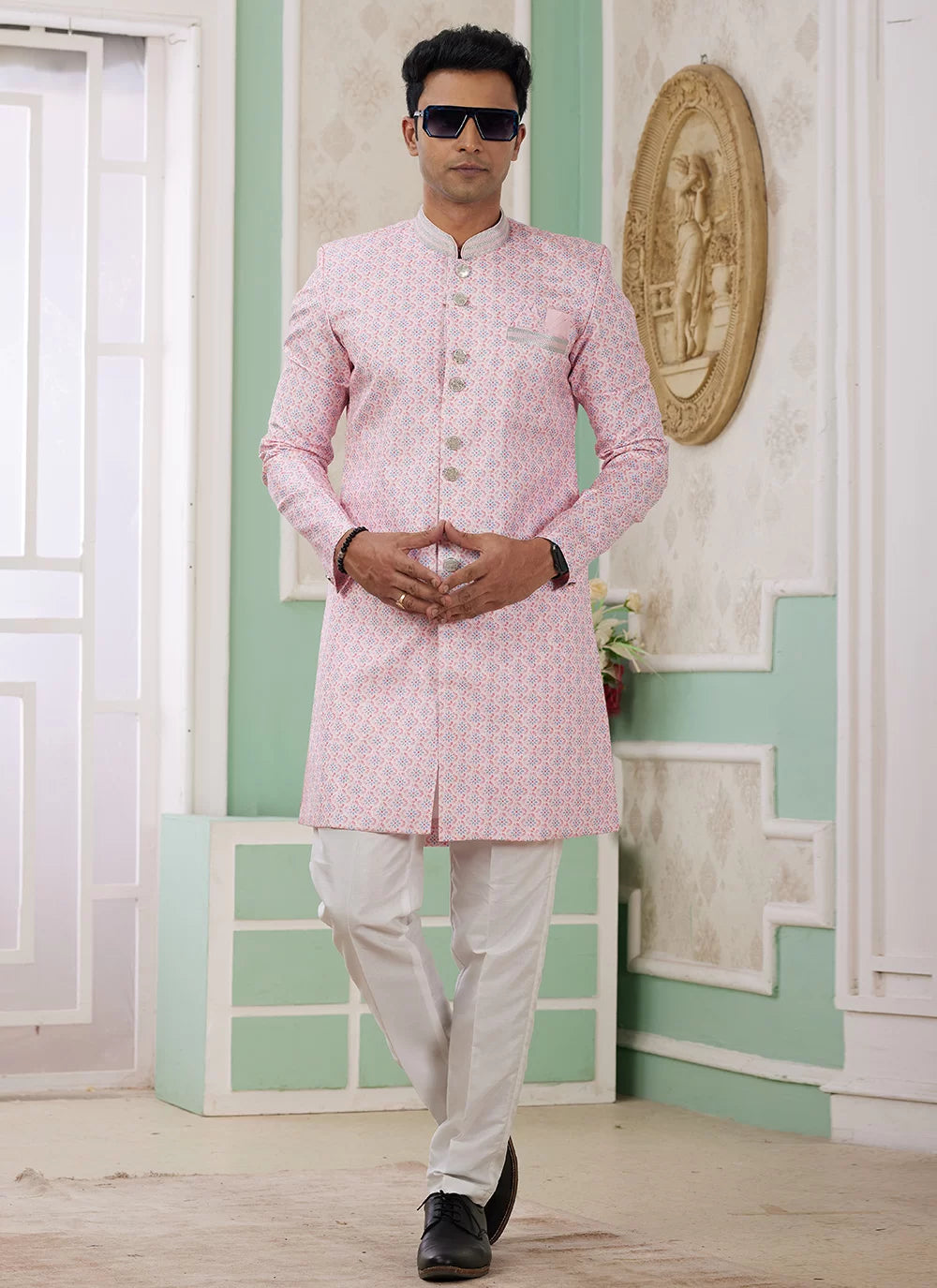 Raivat Ethnic Banarasi Jacquard Embroidery Indo Western Sherwani In Pink Colour | Swadesiicart