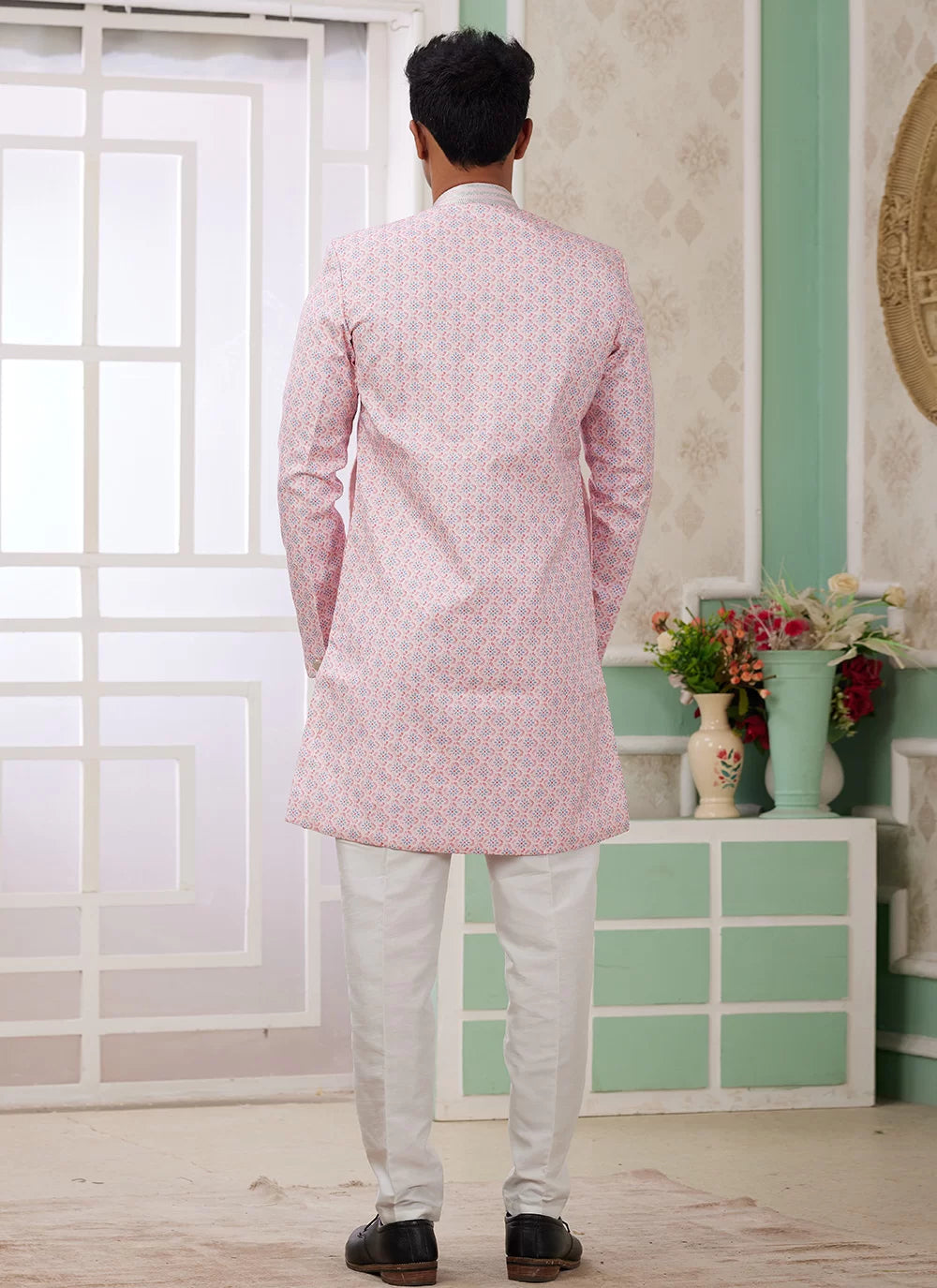 Raivat Ethnic Banarasi Jacquard Embroidery Indo Western Sherwani In Pink Colour | Swadesiicart