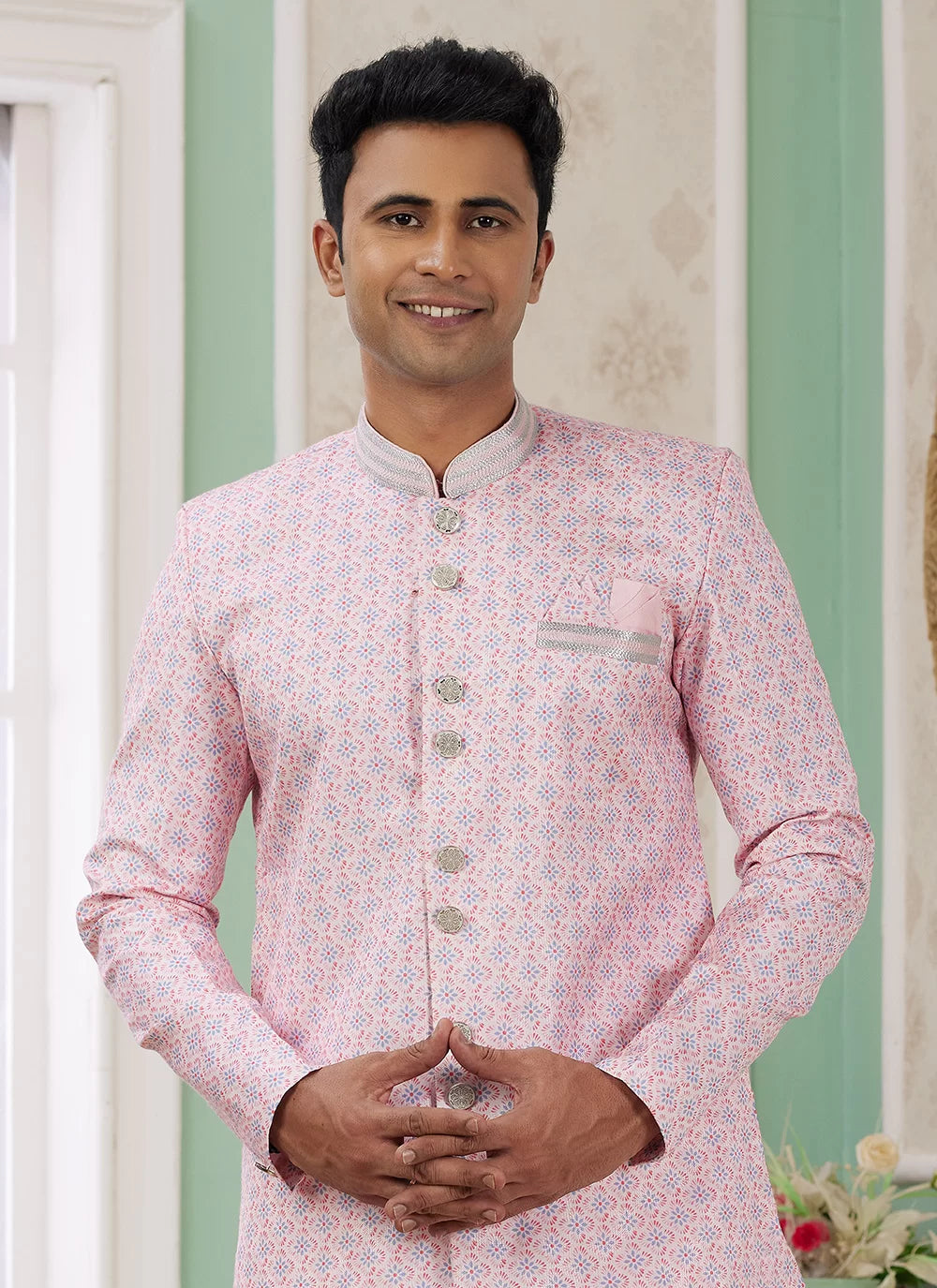 Raivat Ethnic Banarasi Jacquard Embroidery Indo Western Sherwani In Pink Colour | Swadesiicart