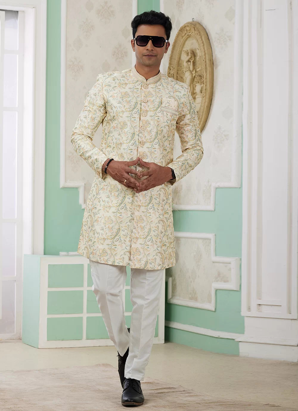 Raivat Ethnic Banarasi Jacquard Embroidery Indo Western Sherwani In Yellow Colour | Swadesiicart