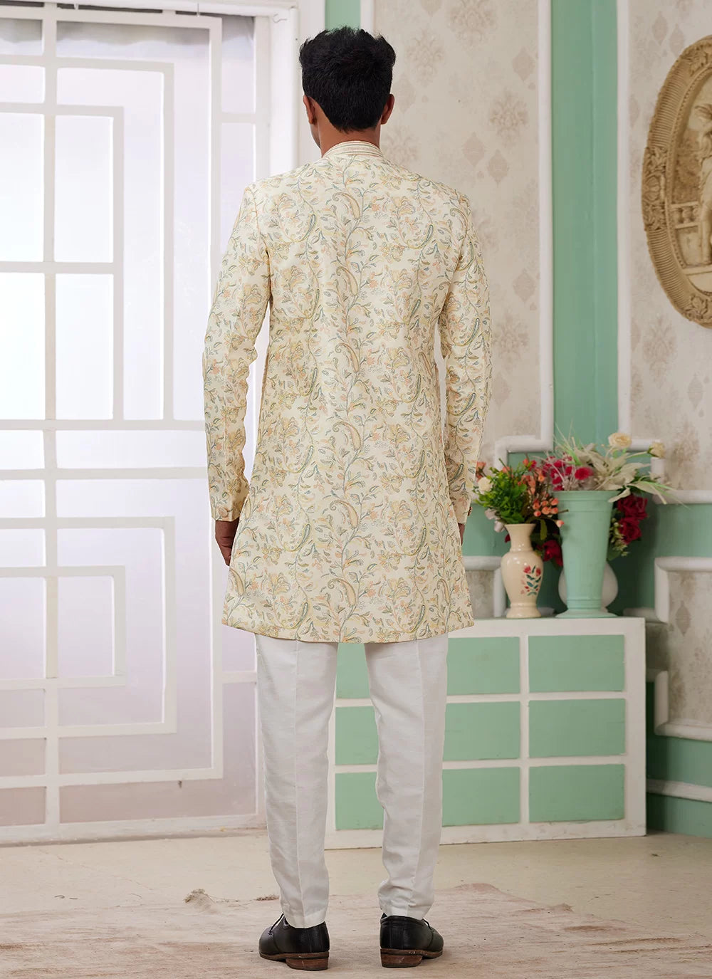 Raivat Ethnic Banarasi Jacquard Embroidery Indo Western Sherwani In Yellow Colour | Swadesiicart