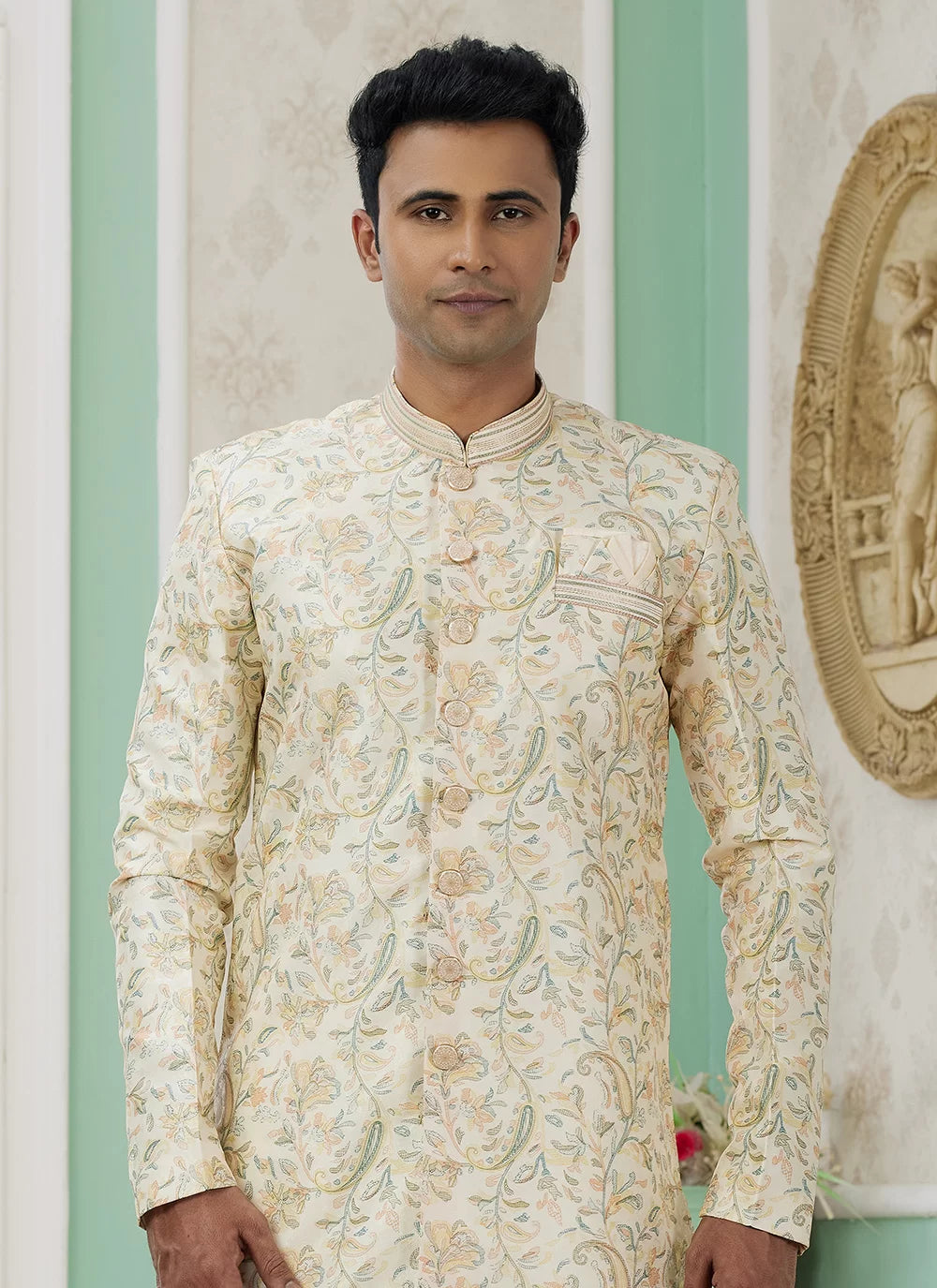 Raivat Ethnic Banarasi Jacquard Embroidery Indo Western Sherwani In Yellow Colour | Swadesiicart