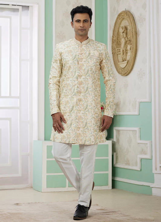 Raivat Ethnic Banarasi Jacquard Embroidery Indo Western Sherwani In Yellow Colour | Swadesiicart