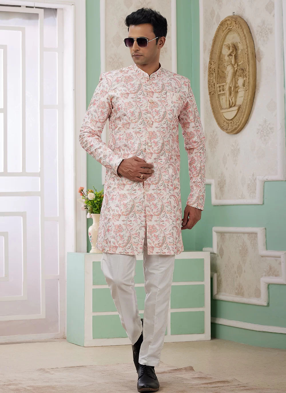 Raivat Ethnic Banarasi Jacquard Embroidery Indo Western Sherwani In Peach Colour | Swadesiicart