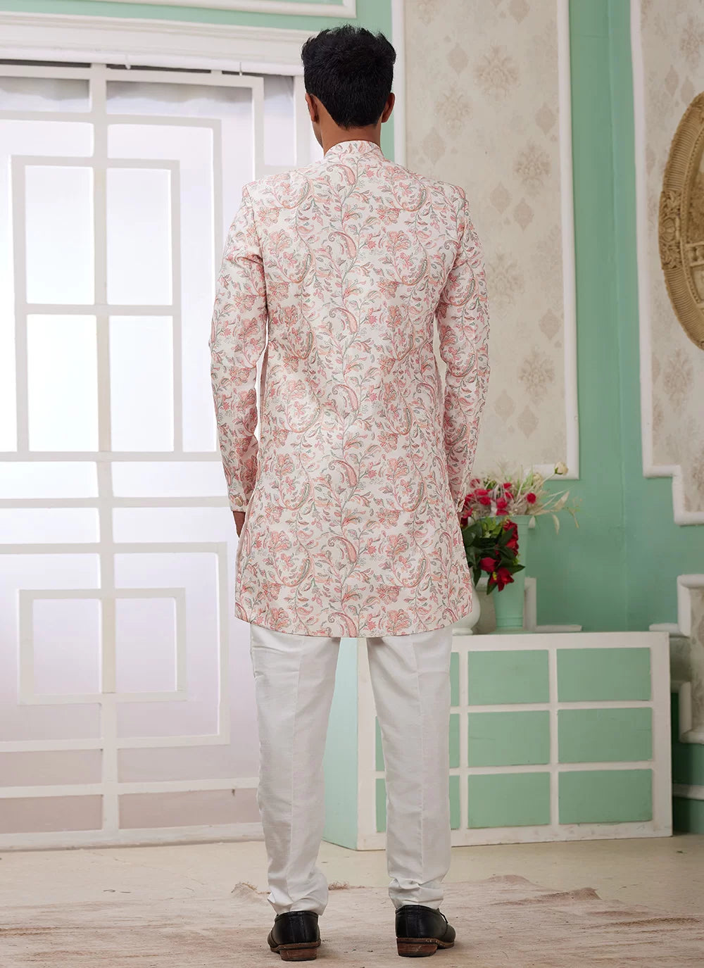 Raivat Ethnic Banarasi Jacquard Embroidery Indo Western Sherwani In Peach Colour | Swadesiicart